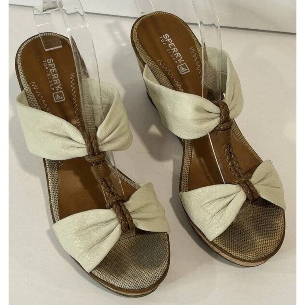 Sperry Top-Sider Womens White Ivory Leather Upper Cork Wedge Sandals Size 9